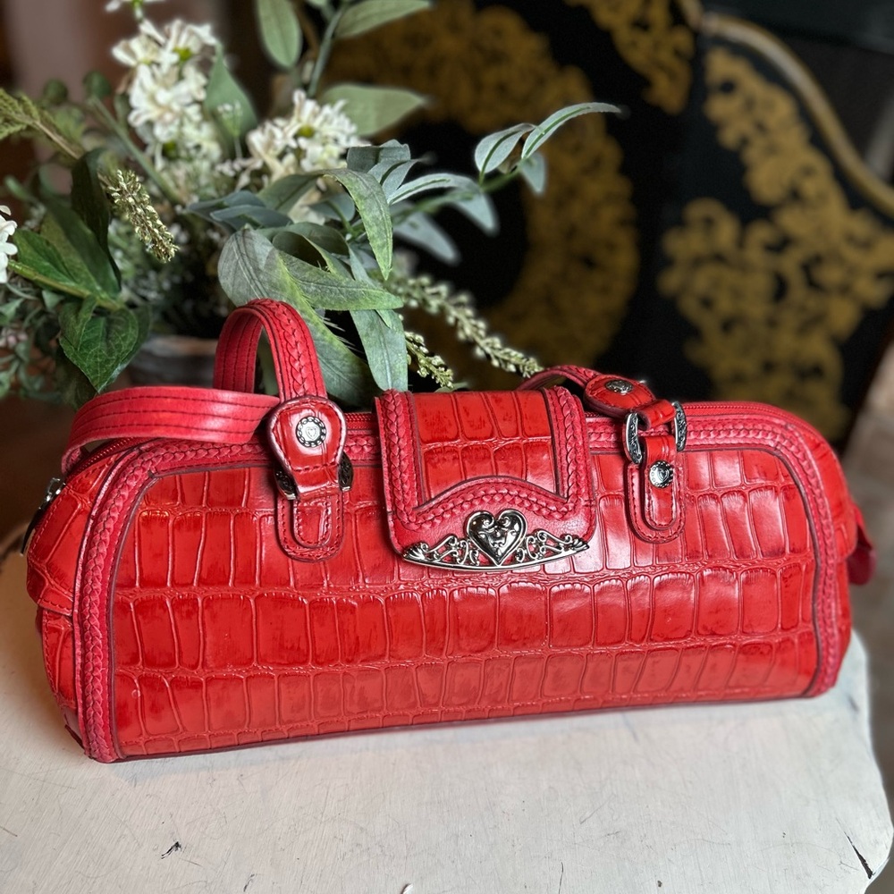 M.C. Marc Chantal Purse Shoulder Bag Tote Long Red Embossed Crocodile/Alligator